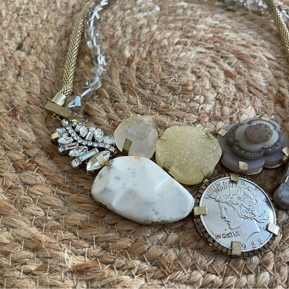 John Wind Neutral Chunky Statement Necklace Druzy Stone Coin Chain - Picture 3 of 5